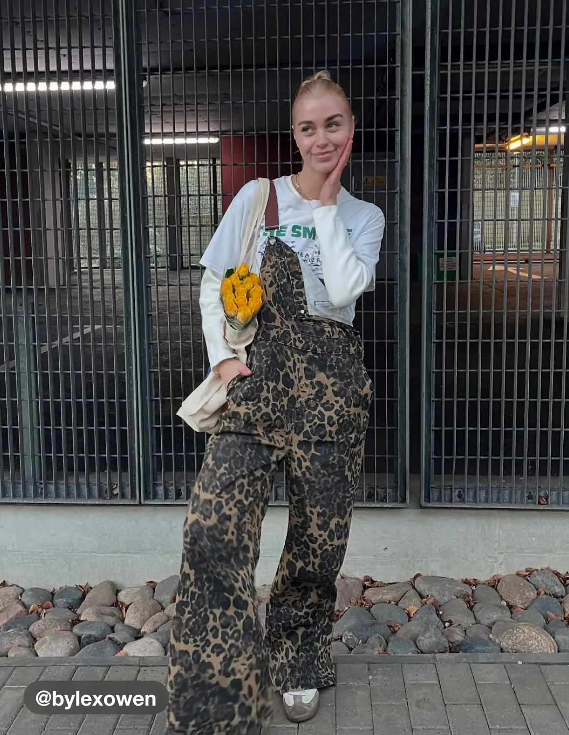 Denim Leopard Pocket Buckle Up Wide Leg Oversized Jumpsuit