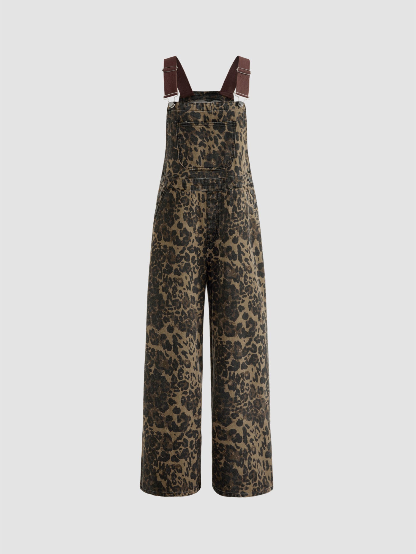 Denim Leopard Pocket Buckle Up Wide Leg Oversized Jumpsuit