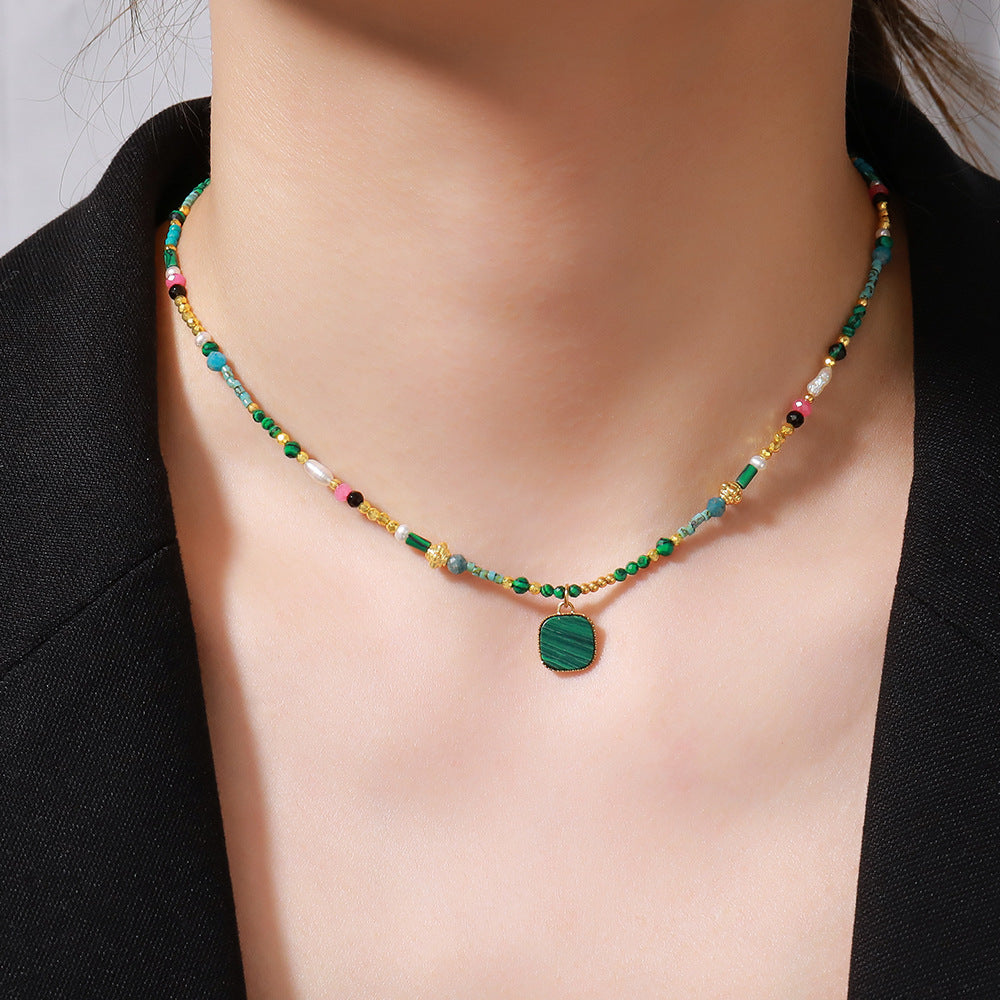 Natural Turquoise Handmade Beaded Clavicle Chain Freshwater Pearl Necklace