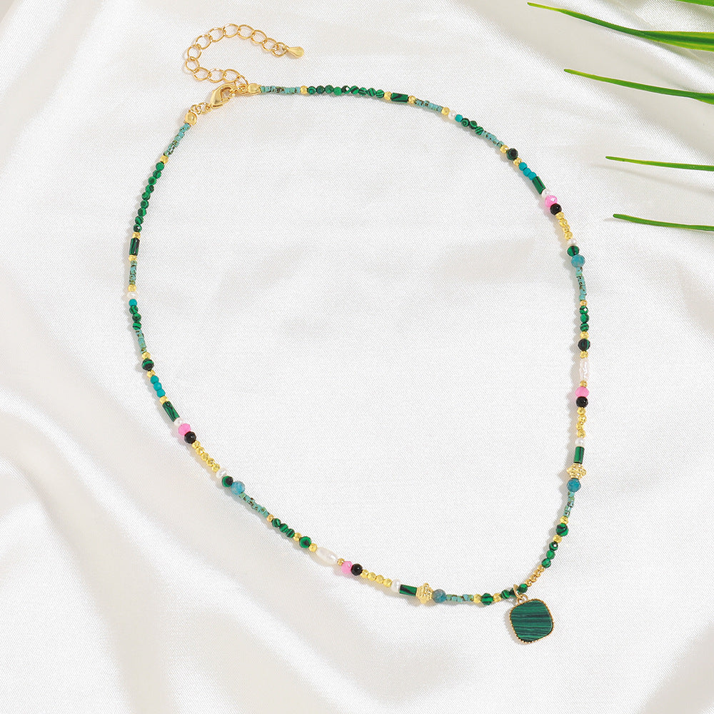 Natural Turquoise Handmade Beaded Clavicle Chain Freshwater Pearl Necklace