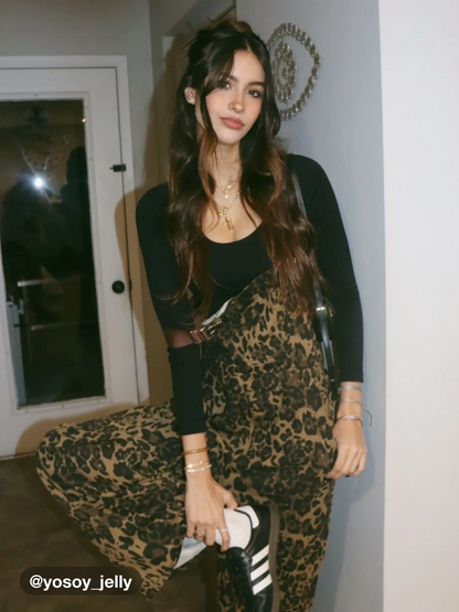 Denim Leopard Pocket Buckle Up Wide Leg Oversized Jumpsuit