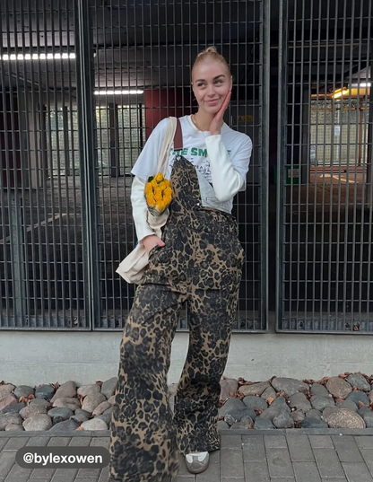 Denim Leopard Pocket Buckle Up Wide Leg Oversized Jumpsuit