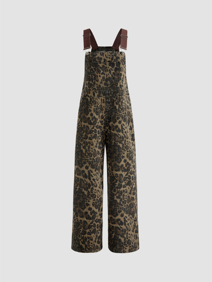 Denim Leopard Pocket Buckle Up Wide Leg Oversized Jumpsuit