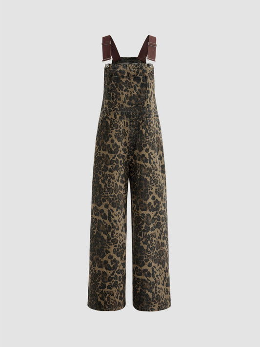 Denim Leopard Pocket Buckle Up Wide Leg Oversized Jumpsuit