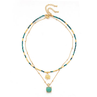 Turquoise Handmade Beaded Necklace Gold Plated Sun Pendant Collarbone Chain